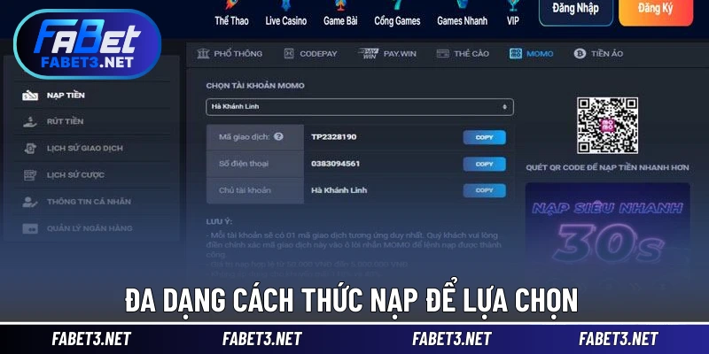 Đa dạng cách thức nạp để lựa chọn 